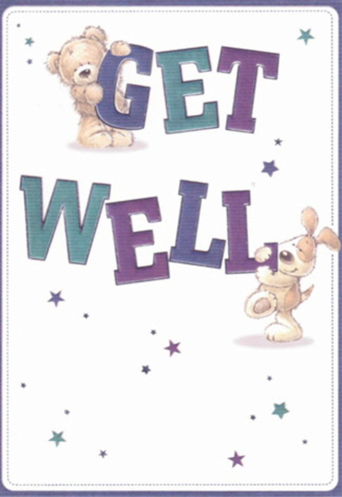 This playful get well card illustration shows a tender little scene: a friendly teddy bear and a bouncy puppy working together to hold up an oversized "Get Well" message, as if they're personally carrying good wishes through the quiet streets of Bayswater to someone feeling under the weather. The words "GET WELL" are written in large, chunky, three-dimensional letters that dominate the centre of the design, painted in vibrant blends of purple, indigo, and teal. Subtle shading and highlights give each letter a rounded, almost pillowy quality, making the text look soft and reassuring rather than loud. The teddy bear perches on or hugs onto the top portion of the word "GET," its fur carefully illustrated in warm golden-brown tones with gentle lines that suggest a plush, comforting texture. The bear's expression is open and kind, with wide eyes and a small, contented smile that conveys steady, uncomplicated support-much like the feeling of receiving a thoughtfully arranged bouquet from a trusted local shop. Beneath, the puppy leans against the word "WELL," its floppy ears and slightly tousled fur drawn in creamy beiges and light browns. The puppy's body language is full of quiet enthusiasm, as though it's ready to curl up beside someone on the sofa after a slow walk around nearby Hyde Park. Surrounding the characters and their message, tiny stars and starbursts in shades of blue, violet, and aqua scatter across a clean ivory background, giving the impression of hopeful wishes drifting gently through the air. The background's simplicity keeps focus on the sweet characters and their message, creating a soothing, airy atmosphere. It's the sort of card that would sit beautifully alongside a vase of gentle, uplifting flowers on a bedside table, together offering comfort, light-heartedness, and encouragement during recovery.