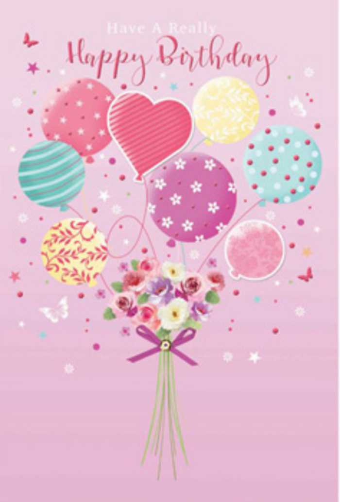 In this detailed birthday scene, a pastel bouquet of balloons and fresh flowers seems to lift gently into the air, echoing the relaxed yet lively spirit of Bayswater's streets. The background is a soft, powdery pink, like the first blush of dawn over Kensington Gardens, providing a warm stage for the playful design. A collection of balloons drifts upward from the centre: some striped with ribbons that twist in candy-coloured bands, others adorned with tiny polka dots and whimsical swirls, and one subtly heart-shaped balloon radiating affection at the core. Their colours range from tender rose and fuchsia-tinged pinks to sea greens, buttercream yellows, and traces of lavender, all harmonised in a soothing, celebratory palette. Tied beneath them is a compact hand-tied bouquet of miniature roses and daisy-like blooms, petals softly shaded from cream to blush and dusky mauve, as if lit by a calm, filtered daylight from a townhouse window near Queensway. The flowers appear lush and freshly cut, their imagined scent a blend of delicate sweetness and green freshness. A shimmering violet bow gathers the stems, its satin tails curling neatly and catching tiny glints of light. Scattered around the composition are small stars and fluttering butterflies, evoking the feeling of confetti drifting slowly after a birthday toast in a cosy Bayswater café. The artwork conveys a gentle sense of jubilation and care, like a thoughtfully chosen birthday card paired with a bouquet delivered locally, conveying not just "happy birthday" but a genuine wish for joy, comfort, and treasured memories.