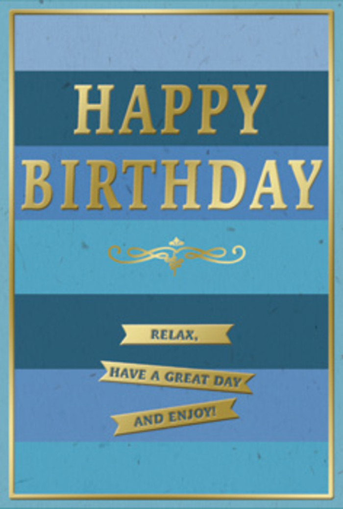 In this photograph, a stylish birthday card with a blue and gold theme creates a mood of peaceful celebration, much like strolling through Bayswater on a clear morning. The card's background is constructed from wide, horizontal bands of blue that span the full width of the design. At the top, the blue is deep and velvety, like midnight navy; as your eye moves downward, the shades gently lighten through denim, teal, and finally a soft, airy sky blue near the base. The stripes are clean but not harsh, suggesting a smooth, printed finish that feels cool and firm when held. Dominating the centre, the words "HAPPY BIRTHDAY" appear in large, uppercase, metallic gold letters. The font is strong yet refined, and the gold has a warm sheen, as if catching natural light streaming through a Bayswater bay window. Slight embossing gives the letters a three-dimensional quality, so the greeting seems to rise gently from the calm sea of blue. Just below, a graceful gold flourish curls out on either side of a central motif, adding a note of classic elegance reminiscent of period detailing on the local townhouses. Further down, three small golden banners are carefully placed one beneath the other, embossed with the inviting message: "Relax, have a great day and enjoy!" Each ribbon is narrow and precise, their edges crisp against the blues behind them. A fine, continuous gold line frames the whole composition, drawing the eye inward and giving the card a gallery-like finish. The design feels ideal to accompany a thoughtfully arranged bouquet delivered around Bayswater, turning a birthday into a moment of calm, cherished celebration.