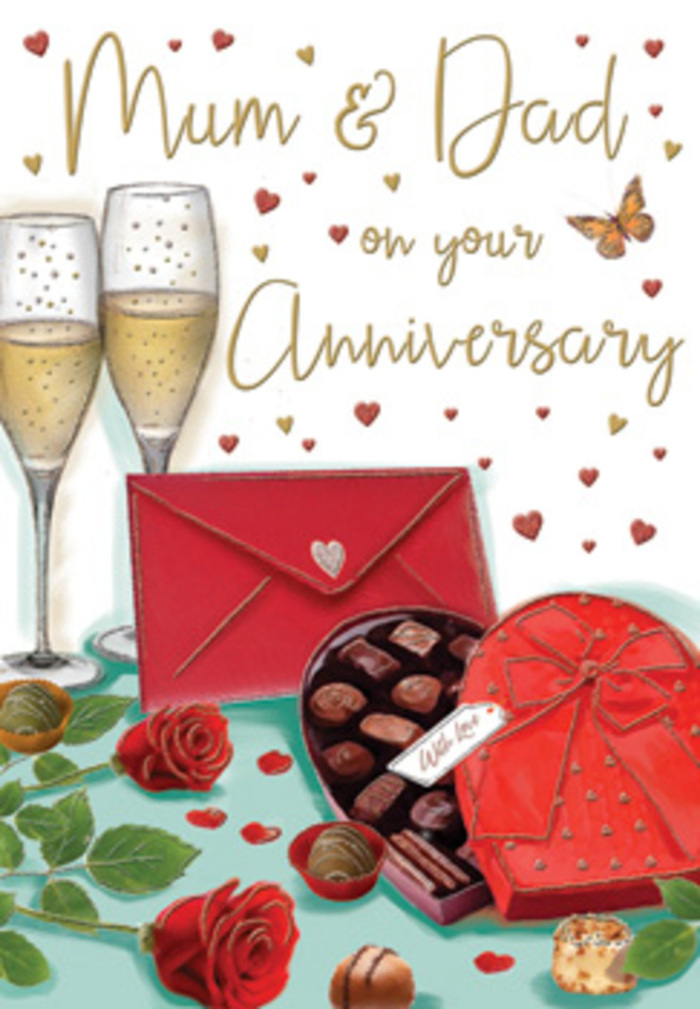 An elegant anniversary card design is depicted as a sumptuous still life, evoking the intimate, celebratory mood of a quiet evening in Bayswater. At the heart of the illustration, two richly coloured red roses rest on a tabletop, their petals drawn in velvety layers that curl outward with lifelike softness. The roses are framed by fresh, deep-green leaves, their surfaces slightly glossy, suggesting the same quality stems you might see arranged in a local florist's window near Westbourne Grove. Beside the flowers sits a heart-shaped box of chocolates, the lid tipped back to reveal an assortment of neatly nestled confections. Some chocolates have been taken out and scattered invitingly nearby, their rounded tops catching the light with a gentle sheen that hints at smooth, melt-in-the-mouth centres. The box is finished with a bold red bow tied across the front, its ribbon depicted with a satiny texture that adds a sense of luxury. Just behind, two slender champagne flutes stand close together, filled with golden, sparkling wine. Fine streams of bubbles rise through the glass, frozen mid-movement, conjuring the moment before a loving toast. Around the scene, tiny gold and crimson hearts drift across a warm-toned background, framing the hand-lettered dedication to "Mum & Dad," which gives the image a distinctly family-focused, affectionate tone. A scarlet envelope, placed thoughtfully in the foreground, implies a handwritten anniversary message waiting to be opened. Soft, ambient light illuminates the entire composition, lending a gentle glow that reflects from the crystal glass, the chocolates, and the roses' petals, creating a feeling of warmth, gratitude, and enduring partnership. It is the kind of romantic tableau a Bayswater couple might recreate at home with fresh blooms and a lovingly chosen card.