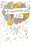 Shown here is a sophisticated congratulations card that looks like a small, self-contained celebration, perfect for accompanying a bouquet delivered around Bayswater. The front design is centred on a bouquet of illustrated balloons, gathered together as though they were floating just above a party table in a Westbourne Grove apartment. Their shapes are round and full, overlapping gently in tones of polished gold, gleaming silver, soft champagne, sky blue, rose pink, and cool grey. Decorative details-glittery stars, fine stripes, and delicate dots-adorn each balloon, catching imaginary light as if printed with metallic foil and sparkling glitter. Slender ribbons cascade downward in sweeping lines of gold and silver, meeting in an elegant flourish that feels like the finishing bow on a hand-tied floral arrangement. Across the middle of the card, a graceful banner stretches from side to side, bearing a "Congratulations To You" style message in flowing, classic script that radiates warmth and sincerity. Around this focal motif, tiny scattered stars, curling streamers, and flecks of party confetti drift across a pale, softly glowing background, creating a sense of motion and joy, like the echo of cheers after good news is shared along Bayswater Road. The whole composition feels light yet meaningful, with the shimmer of the metallic accents suggesting a tactile richness under your fingers. It is a card that visually expresses happiness, pride, and admiration, an ideal companion to fresh flowers when you want your congratulations to feel as memorable and polished as the occasion itself.