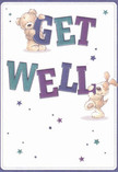 A charming illustrated get well card shows two whimsical friends-a cuddly teddy bear and a floppy-eared puppy-working together to hold up a bold "Get Well" message, as if they're personally delivering comfort to someone resting at home in Bayswater. The word "GET" is written in chunky, three-dimensional letters shaded in rich indigo and teal, with the teddy bear clinging affectionately to the top, its soft, textured fur drawn in warm, honey-brown tones that look touchably plush. Below, the word "WELL" appears in the same confident, rounded font, coloured in deep purples and aquas, and a lively little puppy leans against it, floppy velvet-like ears tumbling down, tail curved in a gentle wag. The puppy's coat, hinted in warm creams and light browns, feels as if it would be as comforting as a favourite cushion on a rainy day by Hyde Park. All around the characters and lettering, scattered star shapes twinkle in varying shades of blue, purple, and teal, like tiny bursts of hope drifting across a pristine cream background. The clean, uncluttered space behind them suggests calm and clarity, much like a freshly tidied room prepared for someone's recovery. The composition has a playful yet soothing balance, echoing the thoughtful way a local florist might combine colours in a cheerful hospital-friendly bouquet sent across Bayswater. Even without real flowers, the illustration radiates warmth, gentle humour, and sincere encouragement, making it easy to imagine tucking this card beside a vase of fresh blooms to lift a loved one's spirits while they heal.