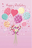 This whimsical birthday artwork captures the feeling of a joyful celebration unfolding above the tree-lined avenues of Bayswater. Set against a soft pink canvas, a cluster of pastel balloons floats upward, each balloon with its own distinct charm: some twist with candy-striped ribbons, others are scattered with cheerful polka dots, and a central heart-shaped balloon glows with quiet affection. The colours drift between gentle pinks, seafoam and teal greens, buttery yellows, and hints of lavender, blending together like reflections in the windows along Westbourne Grove after a light rain. Anchoring this airy parade of colour is a hand-tied bouquet at the base, brimming with small roses and anemone-like blooms in creamy ivory, blush pink, and velvety mauve. The petals look feathery and soft to the touch, their imagined fragrance light and comforting, much like stepping into a neighbourhood flower shop tucked off Queensway. A neat violet satin bow holds the stems in place, its sheen catching the same soft light that glides over the balloons and petals. Tiny stars and butterfly shapes are sprinkled around, creating a subtle fairy-tale shimmer that suggests wishes, candles, and quiet birthday laughter. The composition feels airy, sweet, and perfectly festive, as though the balloons and flowers were about to drift through the open windows of a Bayswater flat to surprise someone special. It's an image that turns a simple birthday greeting into an uplifting moment of colour, tenderness, and thoughtfully arranged florals.