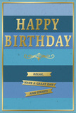 This image captures a serene yet celebratory birthday card, designed with the poise and quiet charm you might associate with Bayswater's elegant terraces. The entire card face is covered with broad, horizontal stripes of blue, layered from a rich navy shade at the top through progressively lighter tones of denim, teal, and powdery sky blue as they descend. These colours blend into one another with soft transitions, suggesting calm skies or peaceful water on a still day. At the centre, the phrase "HAPPY BIRTHDAY" is proudly displayed in gleaming gold capitals, embossed so that each letter gently rises from the surface. The metallic foil reflects light in a subtle, sophisticated way, not unlike evening light catching brass details on a Bayswater doorway. Beneath the main text, a graceful golden flourish curves outward, its delicate lines adding an air of timeless decoration to the otherwise modern horizontal layout. Further down, three slim, stacked gold banners offer a warm, simple wish: "Relax, have a great day and enjoy!" The banners are crisply defined, their edges clean and sharp against the graduated blues. A narrow gold border encloses the entire design, providing a neat, polished frame similar to a favourite picture in a cosy local flat. The cardstock appears smooth and substantial, suggesting quality and care in its making. You can easily imagine this card chosen alongside a hand-tied bouquet from a Bayswater florist, perhaps delivered to a friend celebrating quietly at home, bringing with it a sense of ease, kindness, and thoughtful attention.